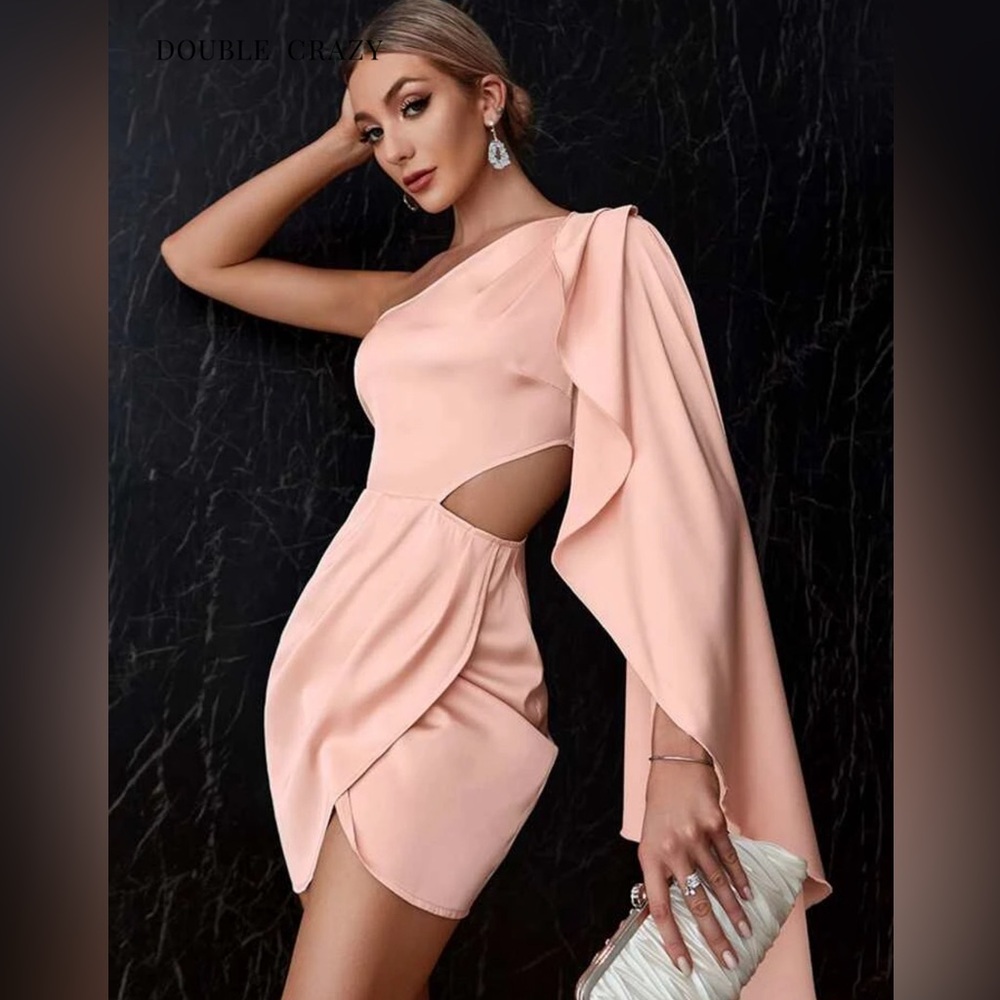 Double Crazy One Shoulder Drape Side Cut-out Satin Dress
